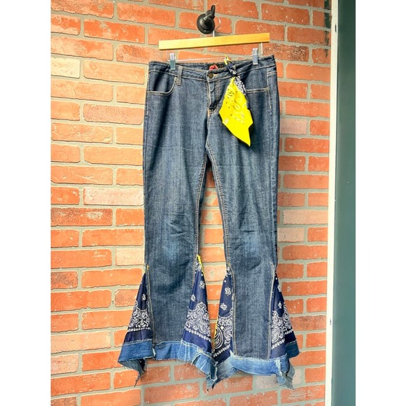 Upcycled Maize and Blue Bell Bottoms Size 30 - Picture 1 of 5